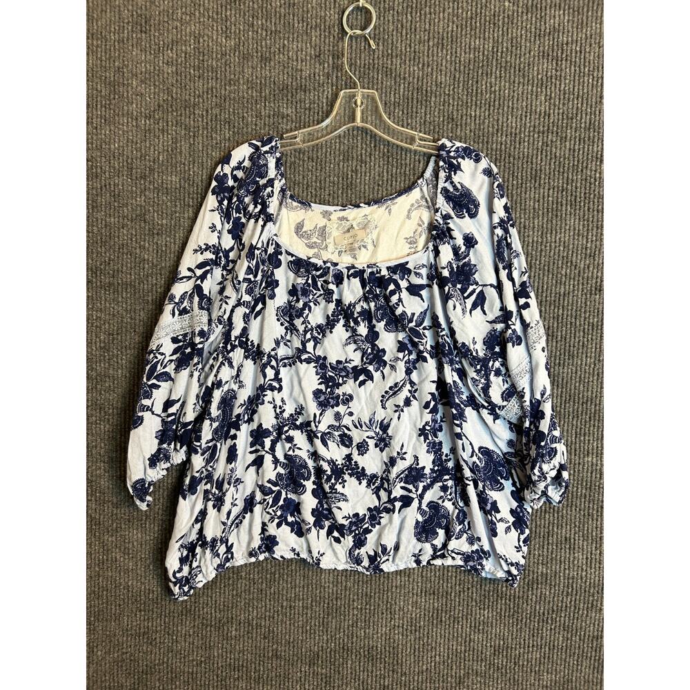 CUPIO Women’s 4X Blue White Floral Boho Peasant Top Rayon 3/4 Sleeve Blouse